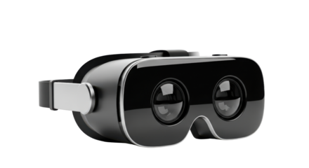 Black virtual reality headset with silver strap against black background goggles, Isolated On Png Transparent Background
