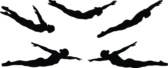 Black Silhouettes of Swimmers and Divers in Dynamic Positions, Including Diving, Gliding, and Swimming Moves Vector Set.