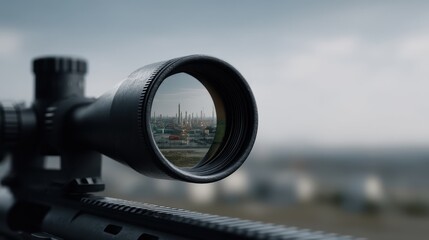 Detailed Close-Up of High-Tech Rifle Scope Lens Focusing on Industrial Landscape