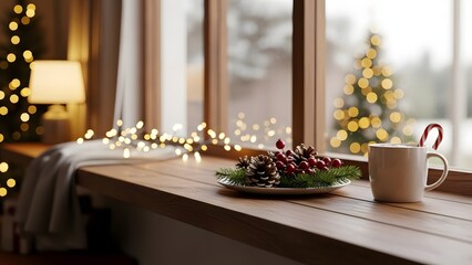 A cozy winter scene with Christmas decorations on a wooden windowsill, featuring a mug with a candy cane, pinecones, berries, and fairy lights.