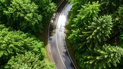 Top Down Drone View of Hairpin Curve in Tall Evergreen Forest