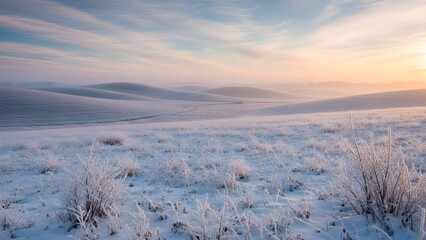 Serene winter landscape with rolling frosted hills and icy grass under a soft pastel sky at dawn.