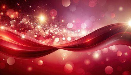 Fototapeta premium Abstract Red Wavy Background with Sparkling Bokeh Lights and Glowing Particles.