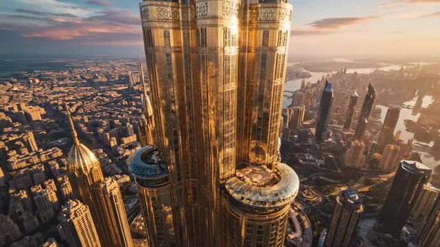 A breathtaking cinematic view of a futuristic city skyline illuminated by a towering modern skyscraper made entirely of shimmering gold, radiating luxury and architectural grandeur