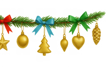 Christmas garland decoration with golden ornaments and colorful bows hanging on green fir branches for holiday celebration