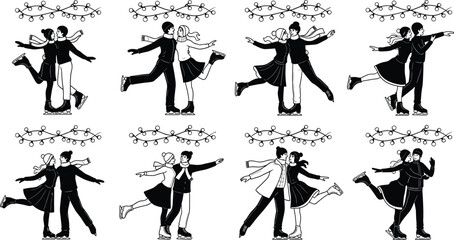 Couple Ice Skating Dance Figure Winter Holiday Romance Christmas Vector Set Silhouette Lovers Celebration Black White