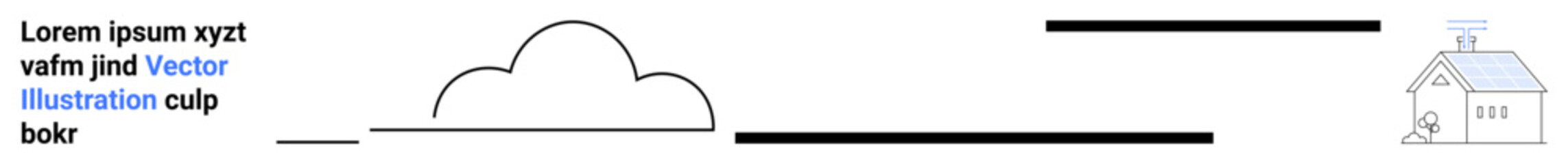 Digital communication, rural internet, data transmission, minimal architecture, cloud computing, connectivity. Simplistic design with cloud, horizontal lines and a house. Digital communication