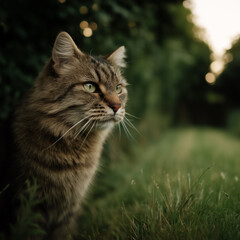 Majestic fluffy tabby cat sitting in green grass in garden