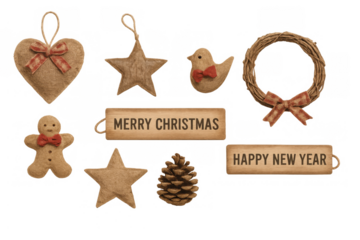 Various vintage style christmas and new year rustic decorations and holiday greetings on paper tags, cut out on transparent background