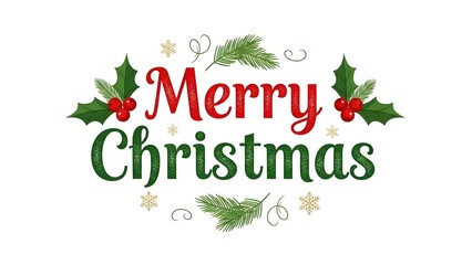 "Merry Christmas" Greeting with decorations on white background