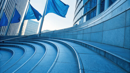 New Year Professional Corporate Banner.Curved stone steps lead to modern building, adorned with blue flags fluttering breeze, creating serene