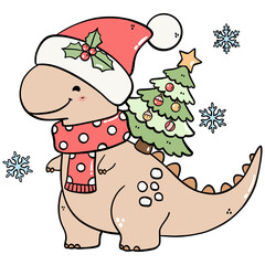 Cartoon Dinosaur with Christmas Tree and Scarf Illustration