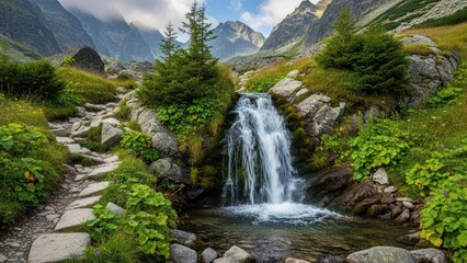 Beautiful Mountain Waterfall Surrounded by Lush Greenery and Rocky Terrain.