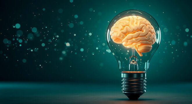 Glowing Human Brain Inside a Light Bulb on a Dark Bokeh Background Keywords: brain, light bulb, idea, innovation, creativity, intelligence, knowledge