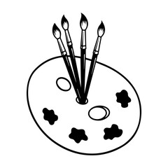 Black and white outline drawing of an artist's palette with four paintbrushes and paint blobs