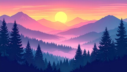 A stylized nature scene features mountains, trees, and a sunset