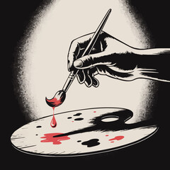 Artist's hand holding a paintbrush over a wooden palette with red paint and black splatters