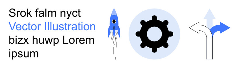 Technology, navigation, innovation, creativity, business solutions, futuristic design. Rocket launching, gear multiple directional arrows. Technology and navigation symbolically