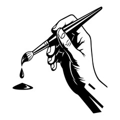 Black and white illustration of a hand holding a paintbrush with a drop of black paint falling