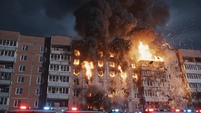 Residential building engulfed in flames at night, with dark smoke billowing upwards, creating a dramatic scene
