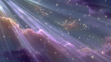 colorful cosmic scene with stars, nebulae, and radiant light beams.