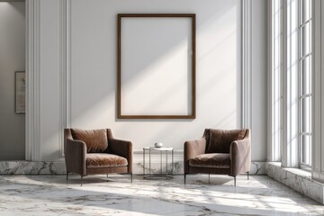 Two plush armchairs await in a sunlit room with marble floors and a framed artwork.