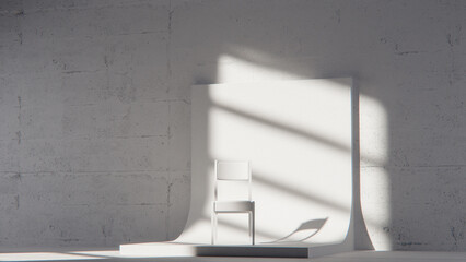 Minimalist 3D studio with white chair on curved backdrop and concrete wall. Ideal for product display, branding, and modern design with dramatic natural light and shadows.