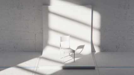 Minimalist 3D studio with white chair on curved backdrop and concrete wall. Ideal for product display, branding, and modern design with dramatic natural light and shadows.