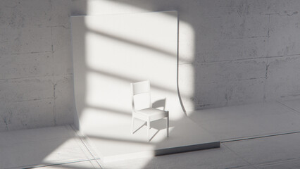Minimalist 3D studio with white chair on curved backdrop and concrete wall. Ideal for product display, branding, and modern design with dramatic natural light and shadows.