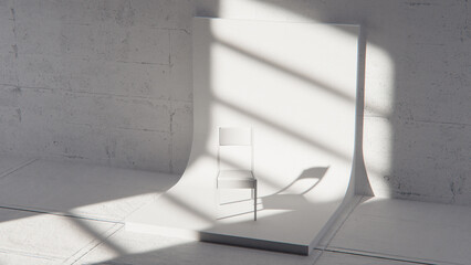 Minimalist 3D studio with white chair on curved backdrop and concrete wall. Ideal for product display, branding, and modern design with dramatic natural light and shadows.