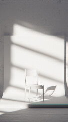 Minimalist 3D studio with white chair on curved backdrop and concrete wall. Ideal for product display, branding, and modern design with dramatic natural light and shadows.