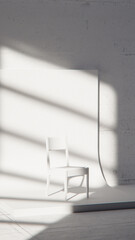 Minimalist 3D studio with white chair on curved backdrop and concrete wall. Ideal for product display, branding, and modern design with dramatic natural light and shadows.