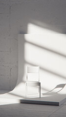 Minimalist 3D studio with white chair on curved backdrop and concrete wall. Ideal for product display, branding, and modern design with dramatic natural light and shadows.