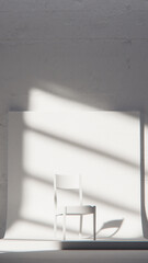 Minimalist 3D studio with white chair on curved backdrop and concrete wall. Ideal for product display, branding, and modern design with dramatic natural light and shadows.