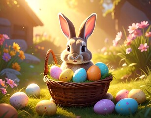 Adorable bunny with basket of painted eggs in sunlit garden scene