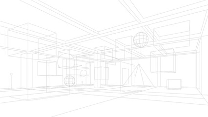 A detailed wireframe architectural drawing of an interior space with geometric forms and perspective lines.