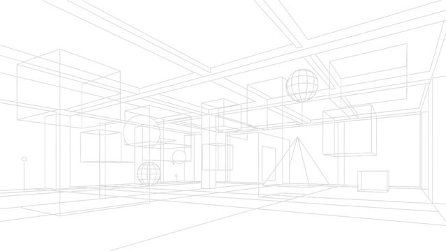 A detailed wireframe architectural drawing of an interior space with geometric forms and perspective lines.