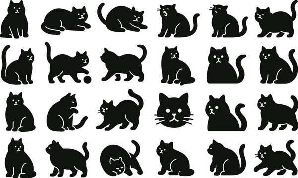 30 Fat Cat Solid Black Silhouette Icons Set on White Background