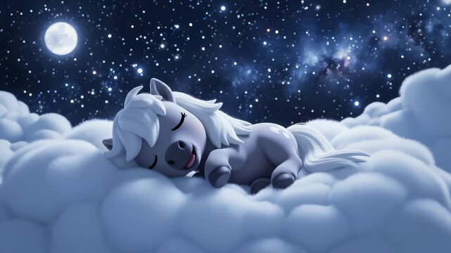 Cute Pony Sleeping Peacefully on Cloud With Stars and Moon at Night