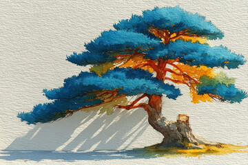 A watercolor illustration of a lone tree with a curved trunk and spreading crown. 