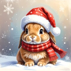 Adorable bunny wearing a Santa hat and scarf in a winter scene