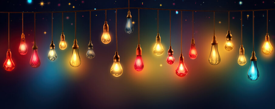 A decorative composition featuring a garland of multicolored light bulbs hanging on cords against a soft gradient background.  