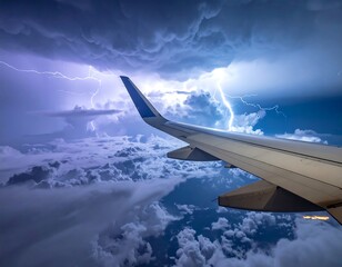Airplane wing view with dramatic lightning storm