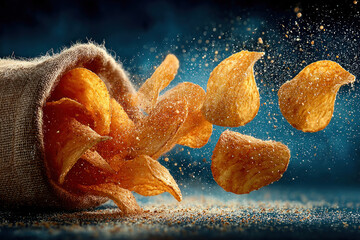 A dynamic close-up of crispy potato chips spilling from a burlap sack and floating in a cloud of golden seasoning.  
