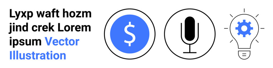 Business strategy, audio technology, creative ideas, entrepreneurship, innovation, digital media. Dollar symbol, microphone and lightbulb icons. Financial growth and audio technology concepts