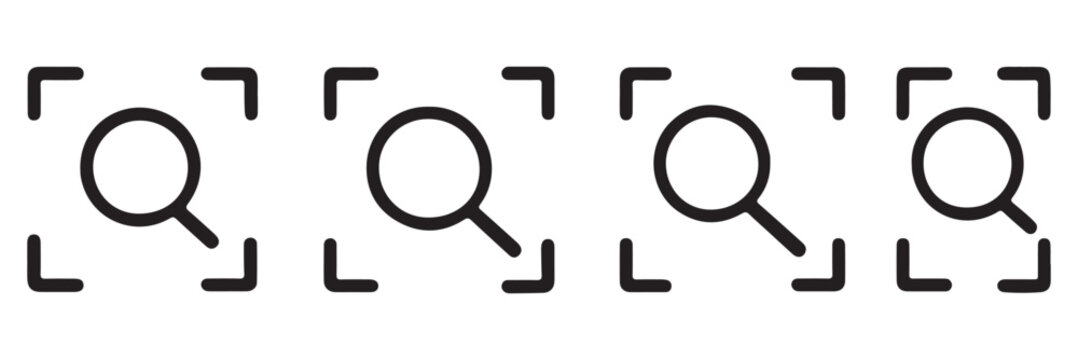 Search focus icon set, magnifying glass icon inside rounded corner brackets , Scan or Zoom Area icons , ideal for scanning tools, find functions, detection features, and for camera or search interface