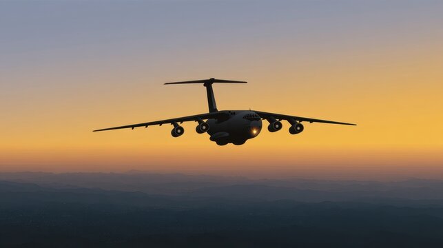 Military Aircraft Silhouette in Flight Against Dramatic Sunset Background