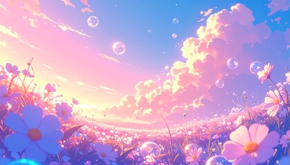 Animated meadow with bubbles, flowers, and dreamy sunset