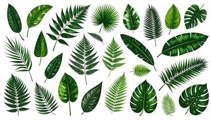 Assortment of vividly illustrated tropical leaves, isolated on white (1)