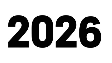 Bold black digits 2026 isolated on white background indicating future date